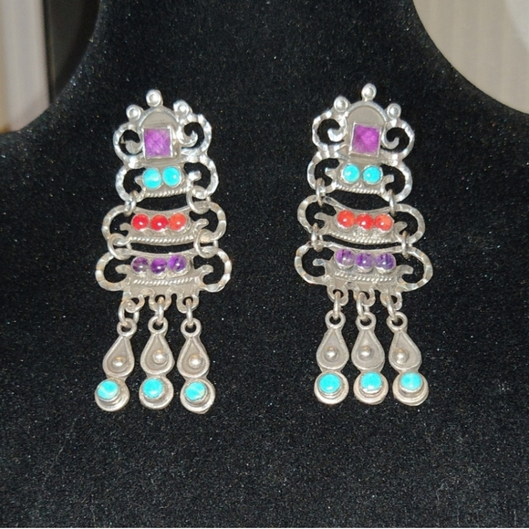 🏜️Navajo 925 Sterling Silver Turquoise Red Jasper Amethyst Chandelier Earrings - Picture 3 of 13